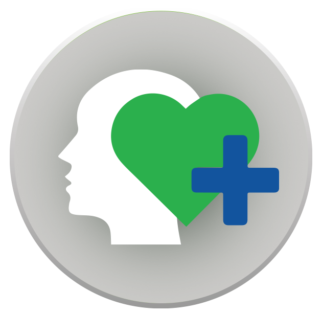 Graphic of a person's head overlapped with the shape of a heart and a cross