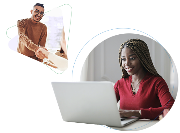 A young woman working on a laptop. A man shaking a hand.