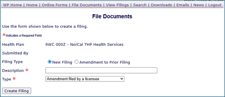 File Documents window with selected 'New Filing'