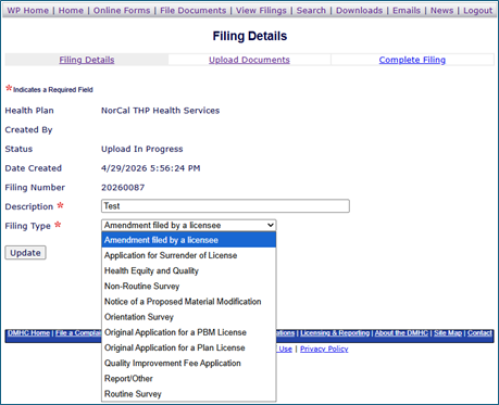 Filing Details window with added Description for the filing and Type