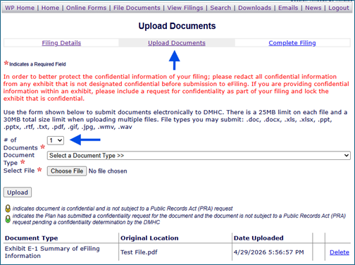 Upload Documents window with # of Documents dropdown highlighted