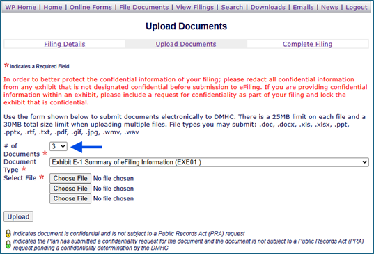 Upload Documents Window with # of documents dropdown highlighted