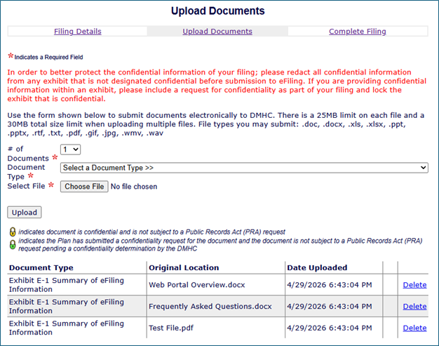 Upload Documents Window that shows three uploaded documents