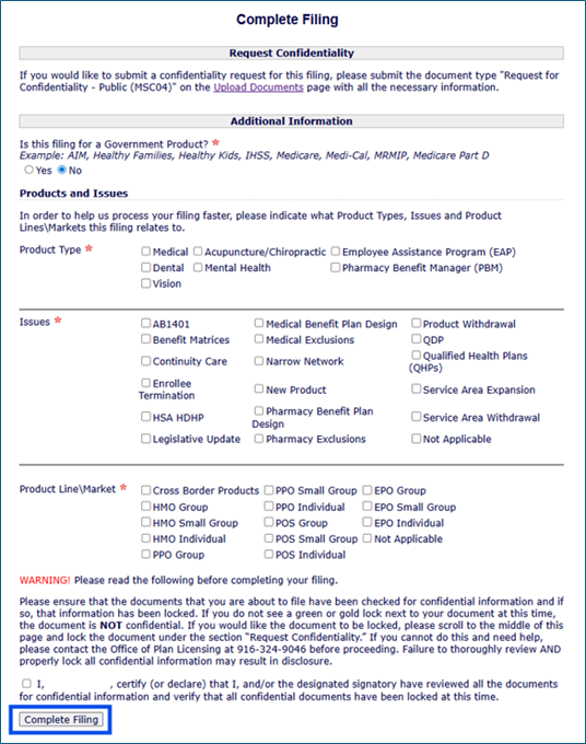 Complete Filing Window with the 'Complete Filing' button highlighted