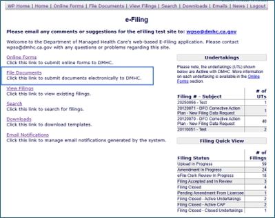 e-Filing window with File Documents link highlighted