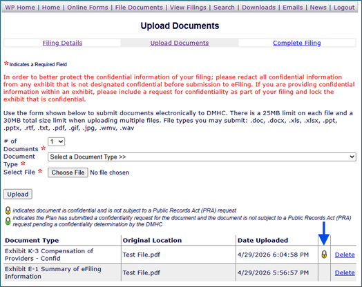 Upload Documents window with a lock that indicates that the document is confidential