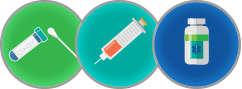 Graphic of a COVID-19 test, vaccine and a bottle with pills