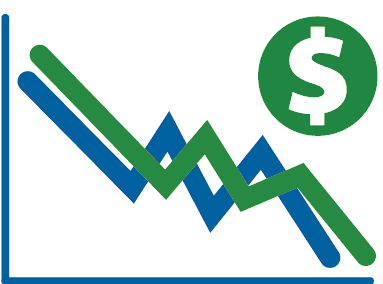A graphic of a chart with zigzag lines going down and a dollar sign