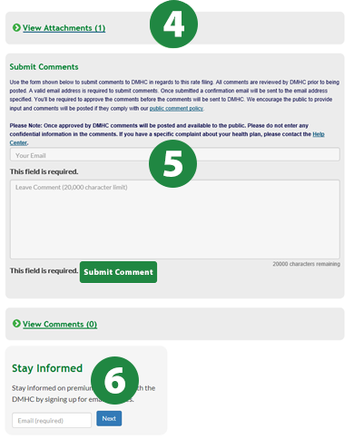 Premium Rate Review Filings page – View Attachments, Submit Comments, Stay Informed sections